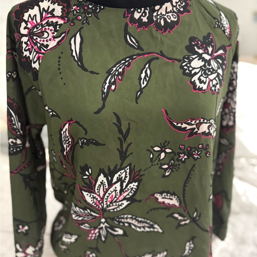 Topshop Olive Green Floral Contrast-Trim Shirt